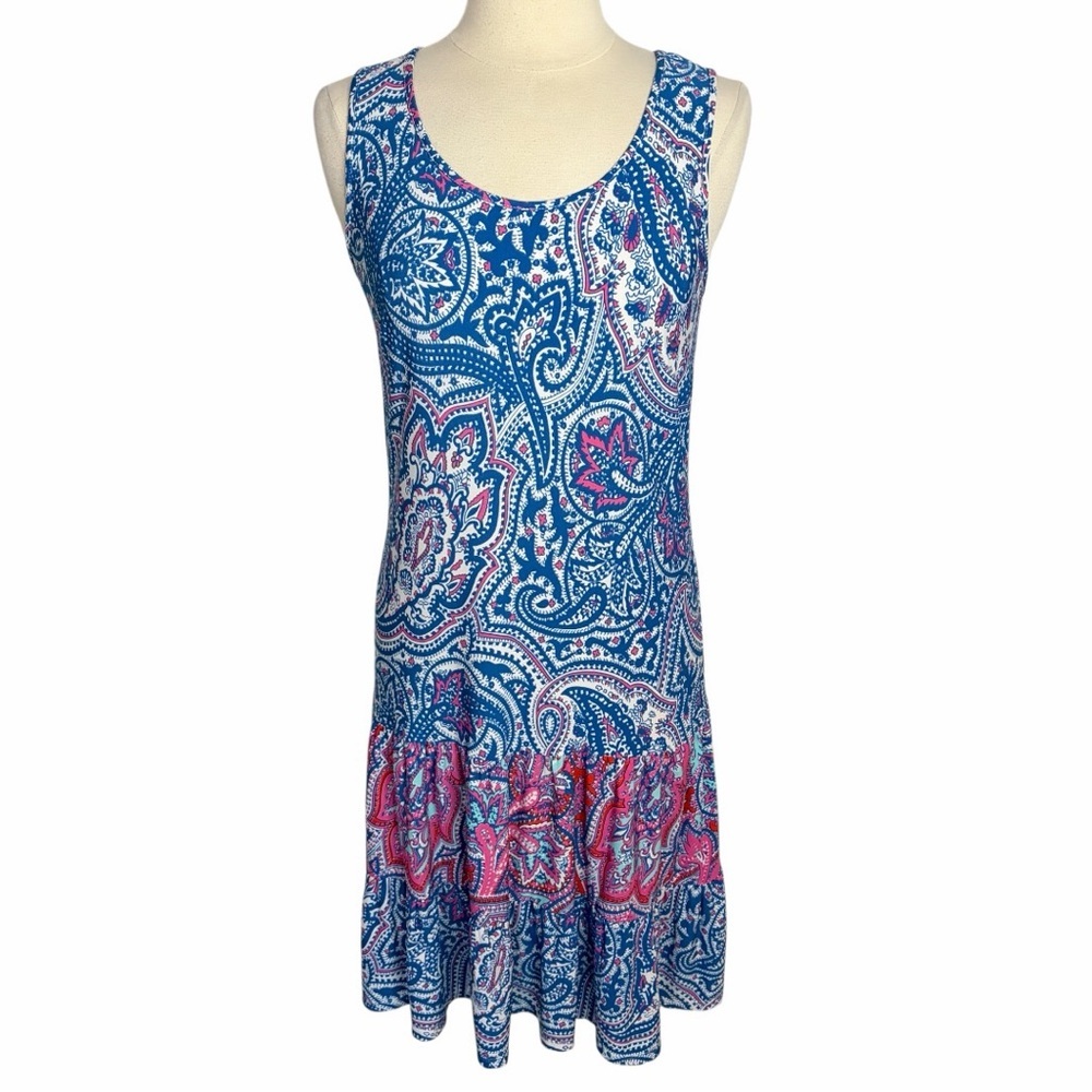 MSK Drop Waist Sleeveless Tiered Midi Dress Bright Blue Paisley, Medium